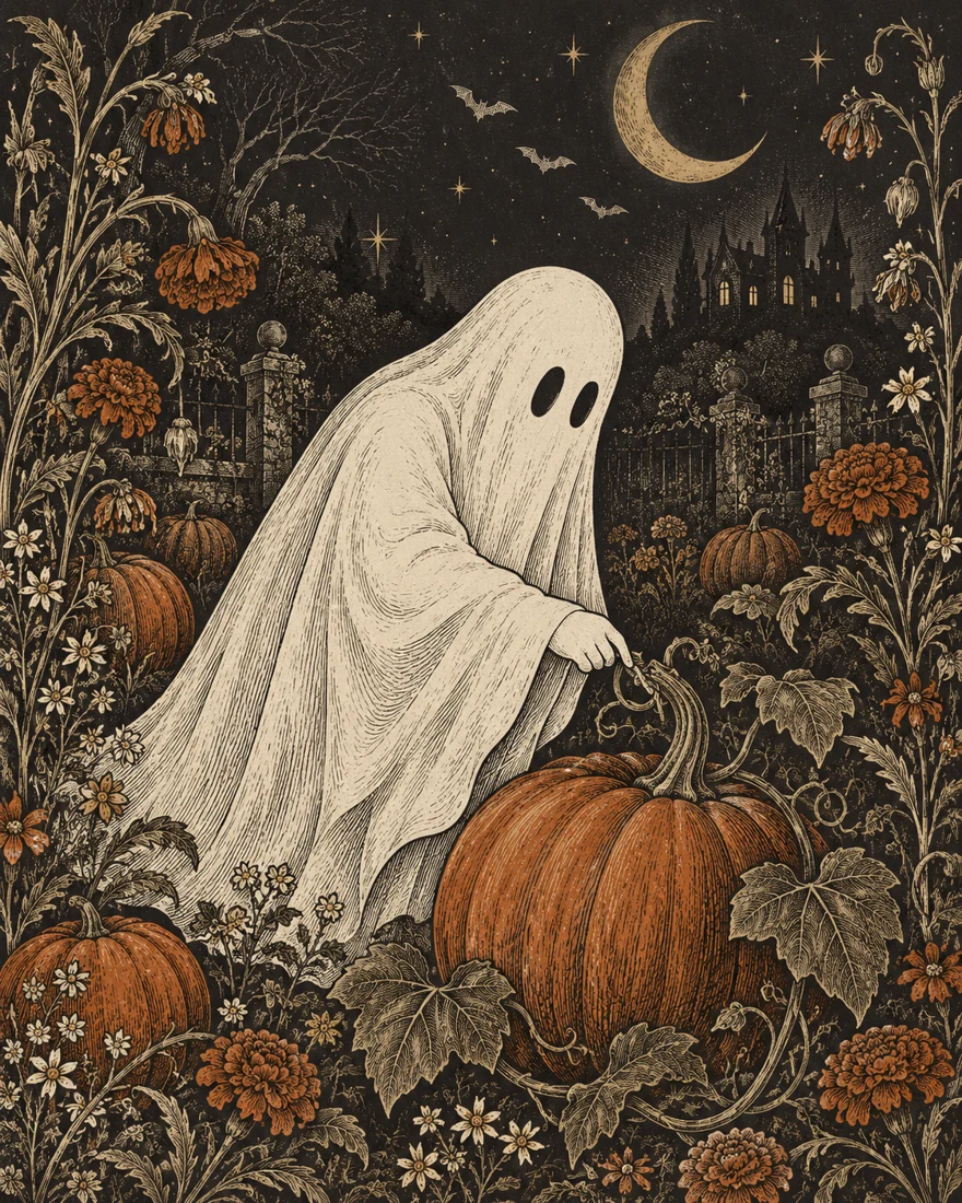 Included Garden Ghost artwork with pumpkins and a crescent moon