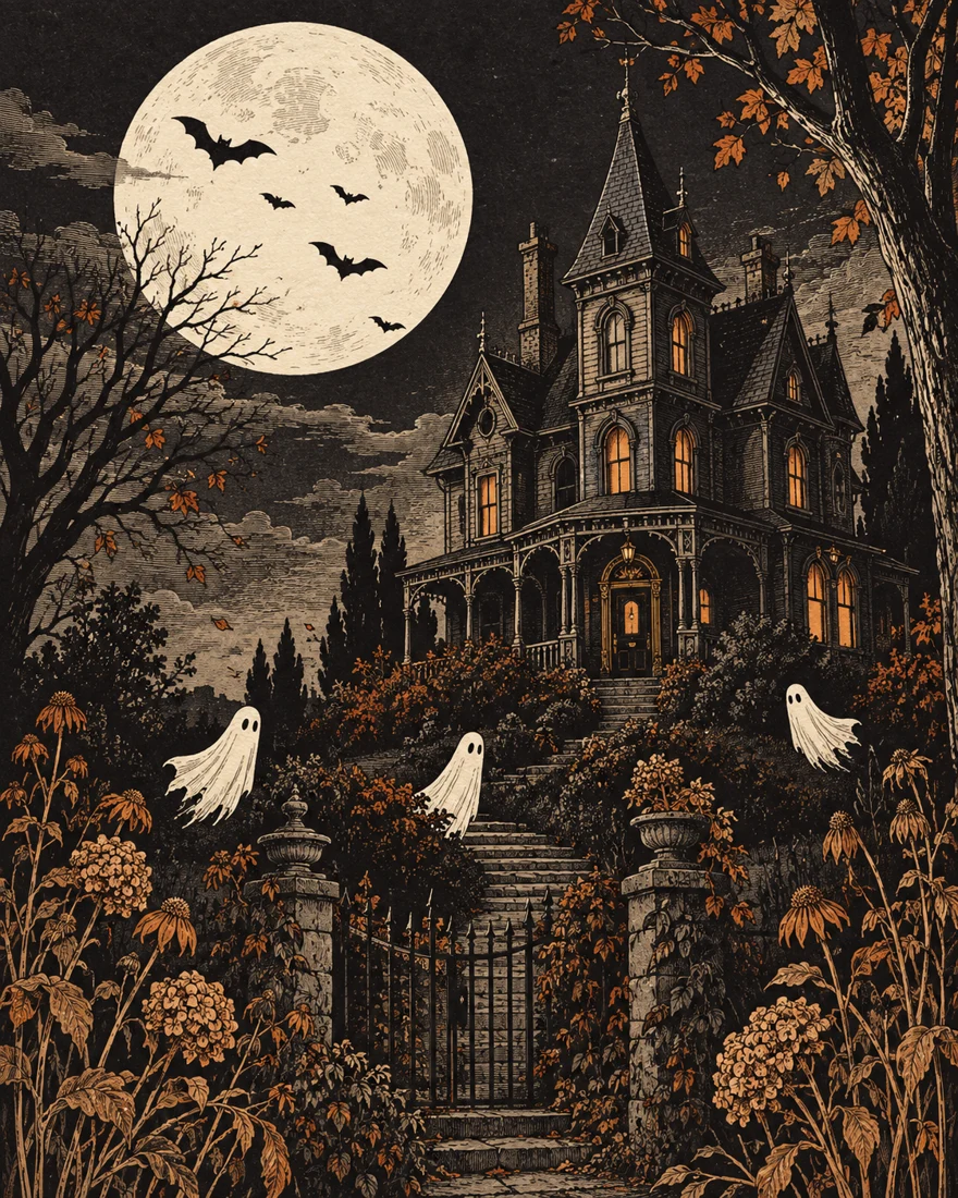 Manor artwork included in the collection: a moonlit haunted house