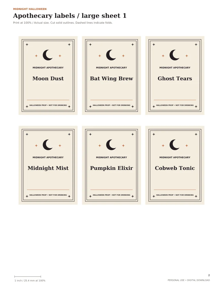 Actual printable page from Potion Bottle Labels