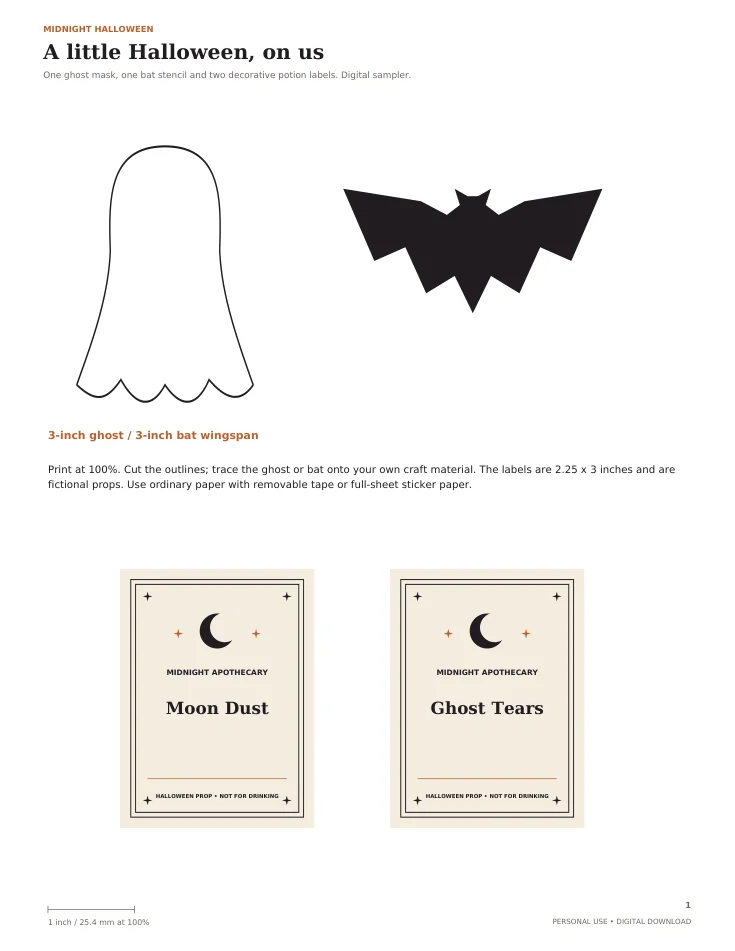 Actual free sampler PDF page with a ghost outline, bat, and two potion labels